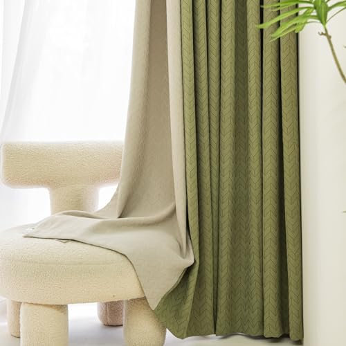 KnSam 2er Set Verdunkelungsvorhang Ösen Grün Hell Kaffee, Vorhänge für Fenster Patchwork Zweifarbig, Chenille Ösen Vorhang Gardinen Blickdicht, Jeder B 107 x H 214cm