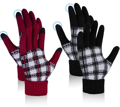 JFAN Handschuhe Damen Touchscreen Warme Strickhandschuhe Karierte Winter Thermohandschuhe 2 Paar für Skifahren Radfahren Outdoor(Schwarz+Burgunderrot)
