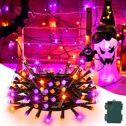 Gcstnn Halloween Decorations Fairy Lights, 9.84FT 30LED Orange+Purple String Lights IP65 Waterproof Battery Operated with 6h Timer, for Halloween,Porch,Autumn,Window,Fall Decoration-Green Box/Wire