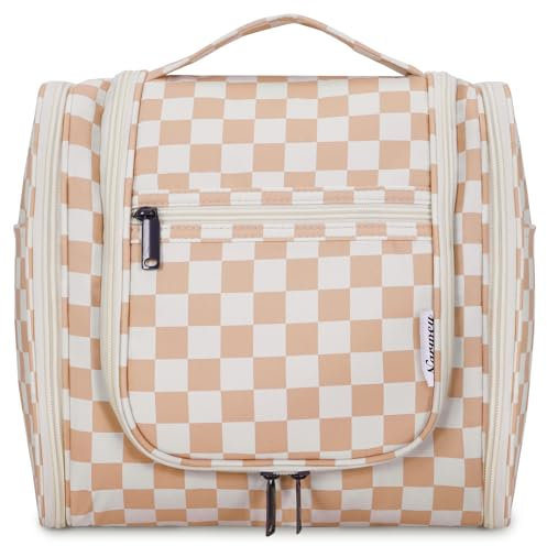 Narwey Groß Kariert Kulturbeutel Damen & Herren - Kulturtasche Zum Aufhängen, Kinder Kosmetiktasche - Waschtasche für Frauen & Mädchen (Kariert Braun (Groß))