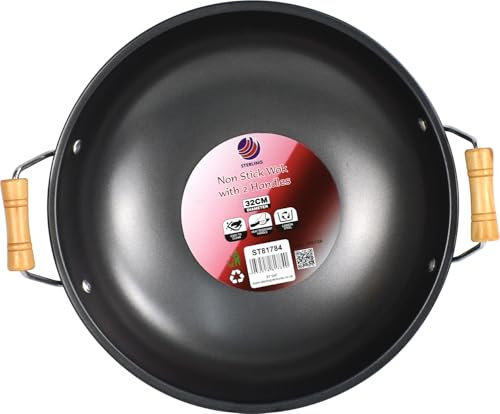 Non-Stick Wok with Wooden Double Side Handle Flat Base Stylish Kadhai Kitchen Cookware Kadai Made of Coated Carbon Steel (32cm)