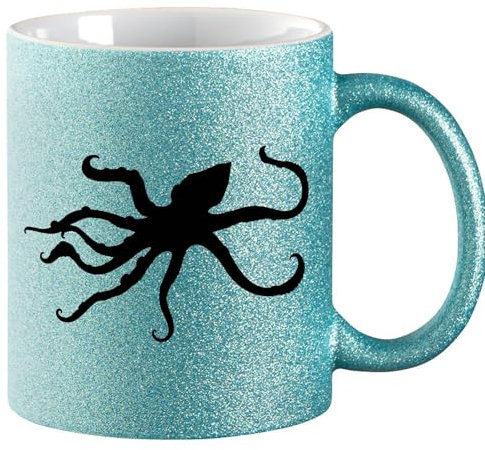 Huuraa Glitzertasse Oktopus Silhouette Geschenk 330ml Blau Oktopus Präsent