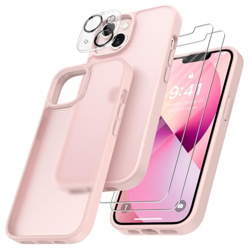 FLLAO 4 en 1 Funda para iPhone 13 con 2 Protector Pantalla y 1 Protector Lente Cámara, [Almohadilla de Aire integrada] Antigolpes Antiarañazos Carcasa 6,1 Pulgadas, Rosa Claro