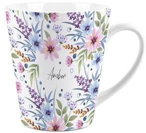 Customisable Floral Gift Mug - Blue & Purple Flowers Small Latte Mug - Ceramic Tea/Coffee Cup Personalised Presents for Her