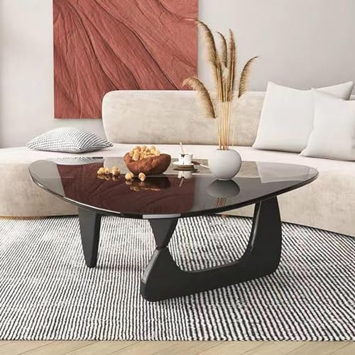 Table basse moderne en verre avec pieds en bois massif Forme triangulaire Style milieu du siècle 127 x 91 x 40 cm