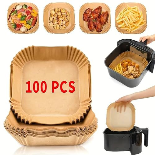 100PCS Air Fryer Parchment Paper Liners – Disposable, Non-Stick, Greaseproof, Heat-Resistant Square Liners for COSORI, Ninja, Tower & Other Air Fryers