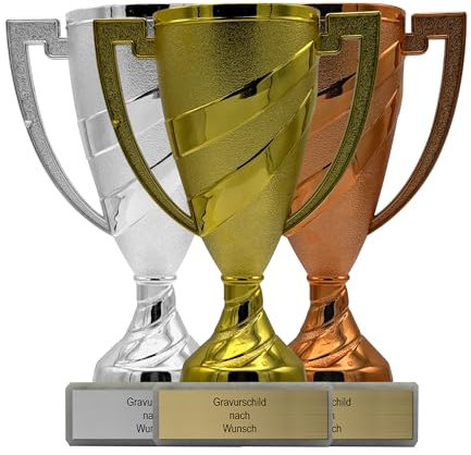 pokal-fabrik.de - Pokale 3er Set mit Gravur Wunschtext in Gold, Silber und Bronze - personalisierte Auszeichnung - 14 cm inkl. Marmorsockel - Geschenk-Trophäe | Pokal Kinder