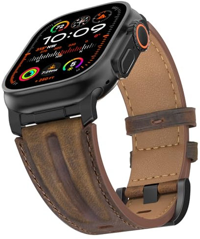Bouixel Bracelet en cuir véritable compatible avec Apple Watch - 49 mm, 46 mm, 45 mm, 44 mm, 42 mm, grain supérieur - Avec connecteurs en métal - Pour iWatch Ultra Series 10 9 8 7 6 5 4 3 2 1 SE