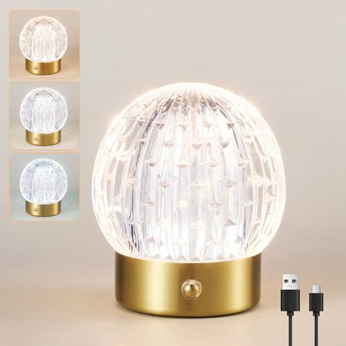 HARPER LIVING Rechargeable Table Lamp, Cordless Small Desk Lamp, 3 Colors & Dimmable LED Touch Lamps, USB Battery Operated Table Light for Bedside Living Room Kids Room, Globe Shade, Gold Finish