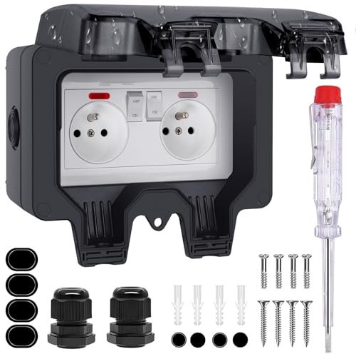 Prise Extérieure Etanche IP66 - Double Prise Electrique avec Interrupteur Témoin Lumineux Couvercle Coupe-Vent Boîtier Prise Murale Etanche pour Jardin Terrasse Garage Sous-sol Maison (Français)
