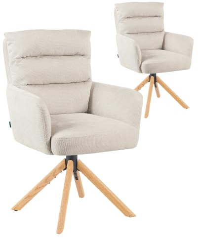 DUBI Möbel Esszimmerstühle 2er Set 360° drehbar mit Rückstellfunktion, Taschenfederkern, hoher Sitzkomfort, bis 150 kg belastbar, Stoff Creme, Eiche Massivholzgestell geölt (Natur), Mika-Jule