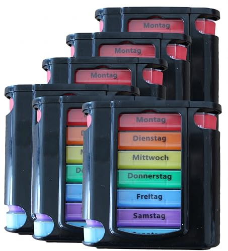 KAMACA 6 er Pack (= 6 Stück) praktischer Medikamentendosierer 42 Tage mit 4 Fächern pro Tag, Pillendose, Pillenbox, Tablettenbox, Wochendosierer (6er Set - 6 Wochen - schwarz)