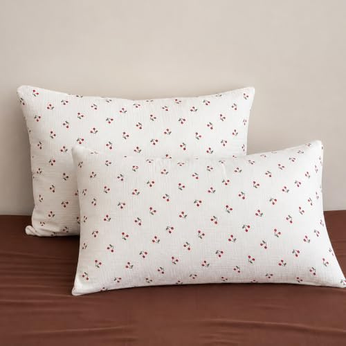 AShanlan Musselin Kissenbezug 40 x 80 cm 2er Set aus Baumwolle Rot Kirschen | 100% Baumwolle Kopfkissenbezug 40x80, Oeko-TEX zert, Muslin Kissenbezüge, Dekorative Kissenhülle, Polsterbezug, Pillow Case