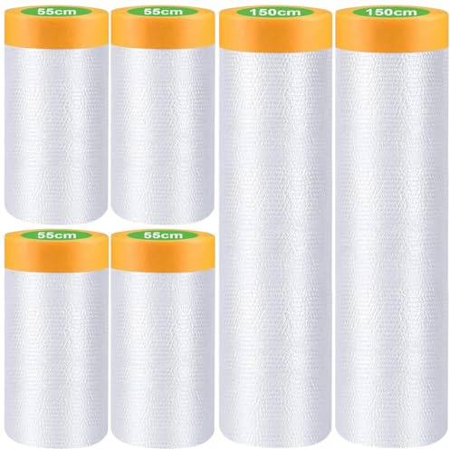 PHIEZC Abdeckfolie mit Klebeband, 120 Meter Abklebeband, geeignet für Maler | Staubschutzfolie, 4 Rollen à 55 cm x 20 m + 2 Rollen à 150 cm x 2 m, Mehrzweck-Abdeckband und Krepp-Staubschutzfolie