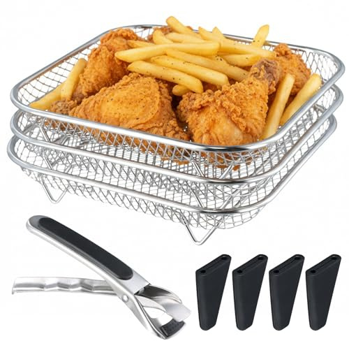 xianynow Estante de Acero Inoxidable para Freidora de Aire – Rejilla Deshidratadora Apilable con Clips Anti-escaldado, Parrilla Multifuncional para Freidoras de Aire y Horno