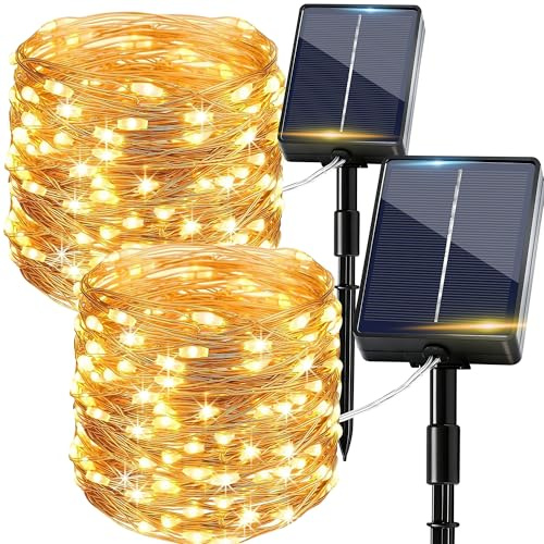 Solar String Lights Outdoor Garden, 2Pack 12M/39FT 120 LED Indoor Outdoor Fairy Lights Solar Powered Garden Light Waterproof, 8 Modes Bright Copper Wire Light for Patio Yard Balcony Party Decor