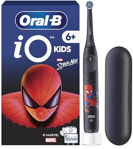 Oral-B Elektrische Zahnbürste iO Kids, Bürste, Spiderman-Motiv, Schwarz – 3 sanfte Putzmodi für Kinder ab 6 Jahren, Musiktimer, runder Ersatzaufsatz, Etui