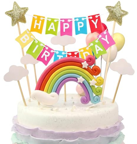 Belegao Happy Birthday Cake Toppers Rainbow Cake Decorations Set Cute | Bunting, Balloons, Clouds, Star Decor, Birthday Banner Topper for Birthday, Baby Shower, Cupcakes & Muffins, Party Supplies