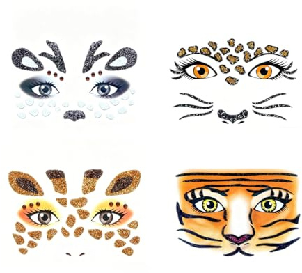 4 pegatinas para tatuajes faciales de animales para festival Carnaval Fete | Diseño de ciervo jirafa tigre, material respetuoso con la piel, autoadhesivo, fácil de aplicar, quitar con desmaquillante