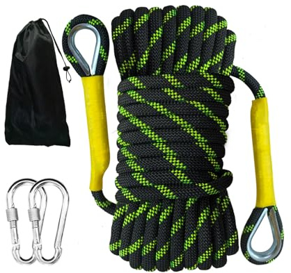 HUtzpah Corda statica da arrampicata, 10 mm, 20 m, in nylon, ad alte prestazioni, con 2 ganci in acciaio, corda di salvataggio per esterni, per campeggio, alpinismo, barca, nero, riflettente