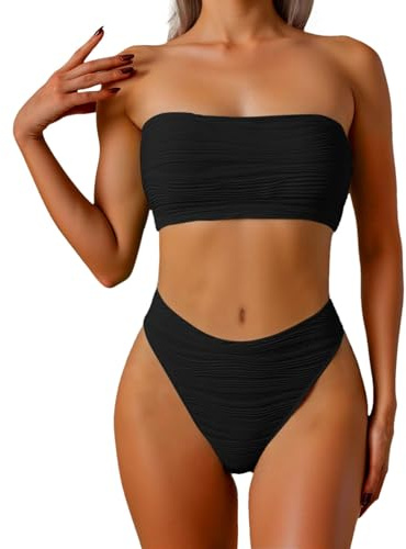 Générique Maillot de Bain 2 Pièces Femme Bikini Bandeau Bustier à Texture Gauffrée avec Bas de Bikini Échancré Taille Haute