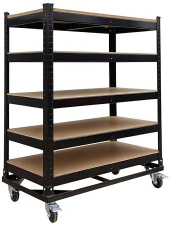 Relaxdays Etagenwagen, 5 Ebenen, Rollen & Bremse, Bis 750 kg, schwarz | HBT: 110x90x45 cm, mobiler Werkstattwagen, Stahl
