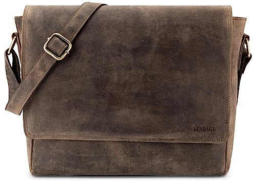 LEABAGS Sac bandoulière pour hommes et femmes | Sac ordinateur portable en cuir véritable 14 | Sac messager avec bandoulière | Sac à main | Sac de travail | Sac de transport | Gris-brun vintage