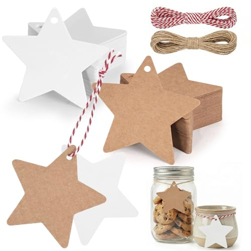 HAKACC Star Gift Tags, 200 PCS Kraft Paper Tags with 20 M Natural Jute String