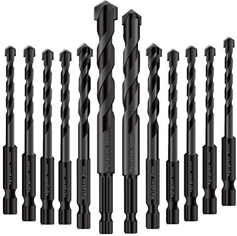 Mgtgbao 12pcs Black Masonry Drill Bits Set, Ceramic Tile Drill Bits Carbide Tip for Glass, Brick, Tile, Concrete, Plastic and Wood with Size 4mm,5mm,6mm,8mm,10mm,12mm