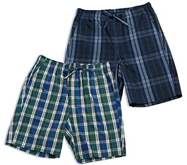 LAPASA Pantalon Pijama Corto Hombre (Pack de 2) 100% Algodón Pajama Short Bolsillo Cuadro Casual Ropa de Dormir Casa Cintura con Cordon Verano M92 L Verde, Azul + Azul Marino, Azul