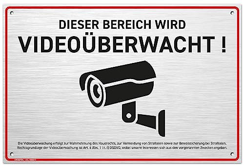 HAGEFOL® Schild Videoüberwachung (30x20 cm - groß) mit DSGVO Hinweis, inkl. 4 Bohrlöcher, Kamera Warnhinweis für Überwachungskamera oder Kamera Attrappe (Aluminium gebürstet 30x20 cm)