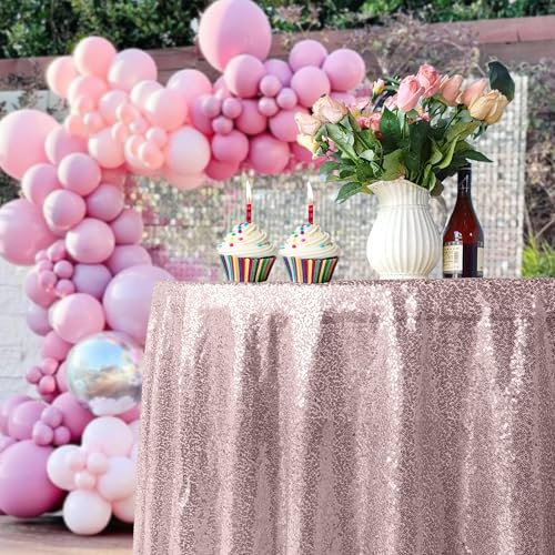 Trimming Shop Tovaglia con Paillettes Glitterate da 225 cm, Ottima Copertura Rotonda per la casa e la Sala da Pranzo, Matrimoni, Banchetti, Eventi, Decorazioni Feste di Natale, Rosa Cipria, 1 Pezzo