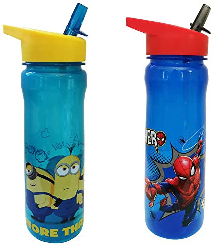 Polar Gear 1325 1731 More Than a Minion Kids Drinks Bottle, polypropylene plastic, Turquoise, Yellow, 600ml & MARVEL 1325 1698 Spider-Man Hero Reusable Water Bottle, polypropylene, Blue and red, 600ml