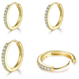 2 Paar Creolen Silber Ohrringe für Damen, klein Ohrringe Set mit Zirkonia, 925 Silber Vergoldet Kreolen Hypoallergen Klein Schlafen Kreolen Gold 8mm/10mm