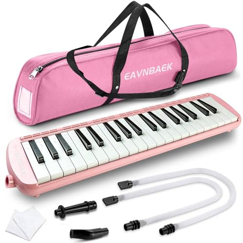 Eavnbaek 37 Tasten Melodica Instrument, Sopran Melodica Air Piano Keyboard Pianica mit 2 weichen langen Röhren, 2 kurzen Mundstücken und Tragetasche (Rosa)