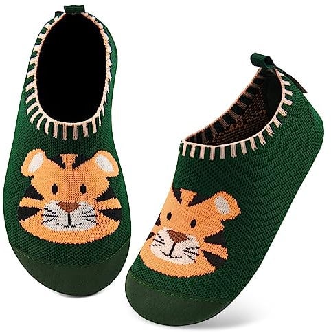 Kyopp Bambini Sneakers Ragazze Leggere, Pantofole Scorrevoli Calzini per Casa Traspiranti Calzini a Maglia Bambini Piccoli Bambino, tigre verde, 22/23 EU X-Ancho