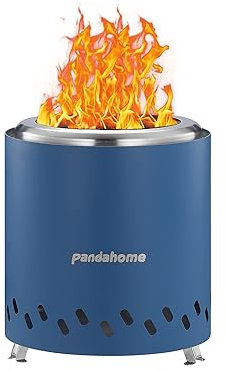 PANDAHOME Brasero de table avec support, sans fumée, alimenté par des granulés ou du bois, en acier inoxydable durable, avec dessous de plat, 21,8 cm, bleu marine