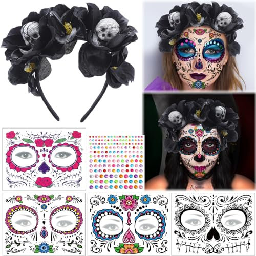 LGZIN Dia De Los Muertos Haarreif mit 5 Temporäre Gesichtstattoos, Mexikanischen Stirnband Blumen Kronen, Karneval Rosen Haarband, Damen Tag der Toten Haarschmuck, für Fasching Karneval Halloween