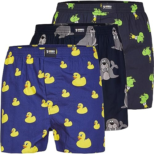 Happy Shorts 3er Pack Webboxer Herren Boxer Motiv Boxershorts Farbwahl, Farbe:Ente - Walross - Frosch, Grösse:XL