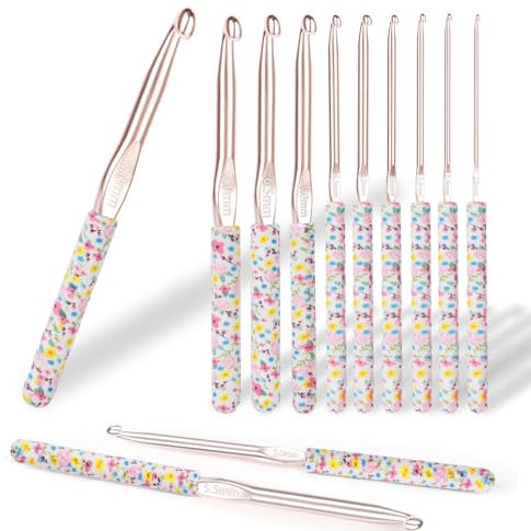 Aeelike Rosa Blumen Häkelnadel Ergonomisch Set 15 cm Lang, 2,0-8 mm Häkelnadeln Set aus Aluminium für Anfänger, Profis, Ergonomische Häkelnadel Häkelset mit Rose Gold Häkelkopf für Arthritische Hände