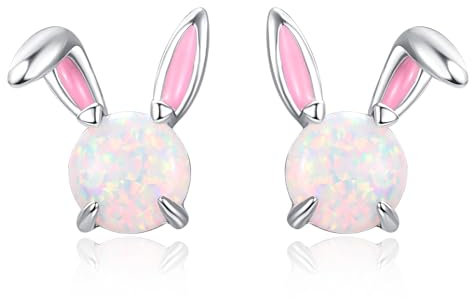 TANGPOET Hase Kaninchen Ohrringe für Damen Mädchen Kinder Silber 925 Weiße Opal Ohrstecker Oster Tier Hypoallergene Bunny Geschenk für Hasenliebhaber