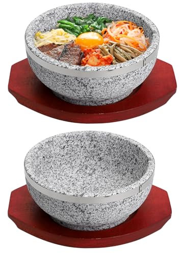 BIMUYI Korean Stone Bowls, Soup Bowls with Wood Trays, Granite Dolsot Bibimbap Pots, Pack of 2