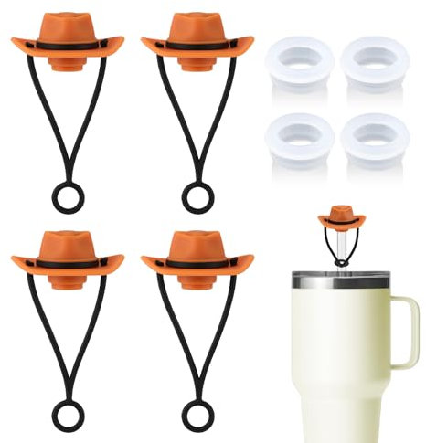 4pcs Cowboy Hat Straw Cover for YETI Straw Cup 16/20/24/25/26/35oz, with 4pcs Tumbler Spill Proof Stoppers, Novelty Silicone Decorative Hat Straw Topper Straw Caps Accessories (Brown)