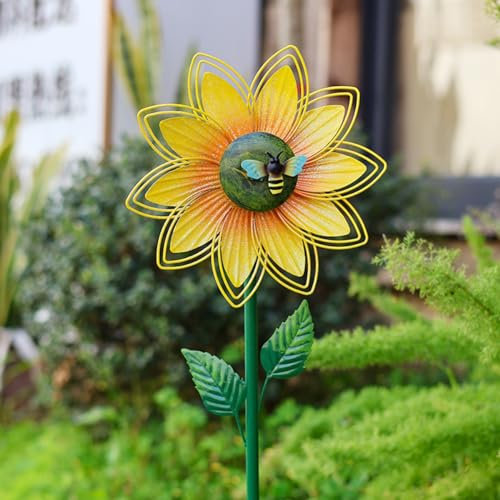 Generic Metall-Sonnenblumen-Windspiel mit Pfahl und Biene, kinetische Windmühle, Windskulptur für Garten, Hof, Terrasse, Rasen, Ornamente, Outdoor-Dekorationen
