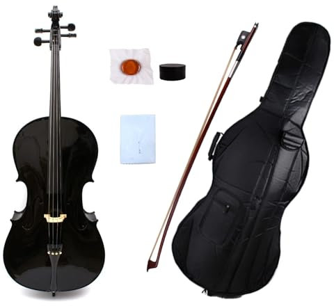 YoungMonic 4/4 Cello in voller Größe, handgefertigt mit Ahorn- und Fichtenkonstruktion mit Ebenholzbeschlägen, komplett mit einem schwarzen Cellokoffer und Bogen (schwarz)