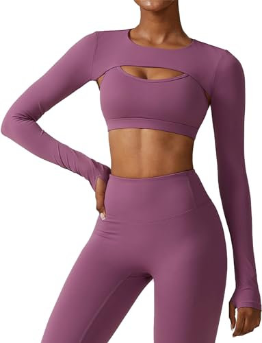 Adigau Damen Langarm Crop Tops Ausschnitt Workout Bolero Shrug mit Daumenlöchern Yoga Sport Tee Wearproof Rundhalsausschnitt Casual Cropped Sweatshirts Lila L