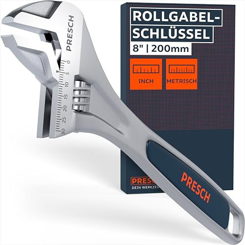 PRESCH Rollgabelschlüssel 200mm - Lasergravierte Skala 30mm (metrisch & inch) - Hochpräzise gefräst für besten Halt - Robuster, verstellbarer Schraubenschlüssel - Hochwertiges Engländer Werkzeug