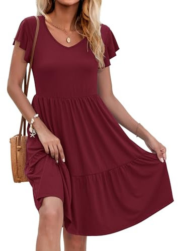 AUSELILY Women Summer Dress Ruffle Petal V-Neck Sundress Short Sleeve Casual Dress with Pockets Wine Red XL