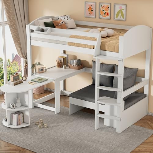 Ymkua Etagenbett Kinderbett Einzelbett 90x200 cm, Hochbett Bett mit Leiter, Tisch und Rausfallschutz, Bettgestell mit Lagerregale und Lattenrost, Sofa mit DREI Kissen und Polster, Weiß, Ohne Matratze