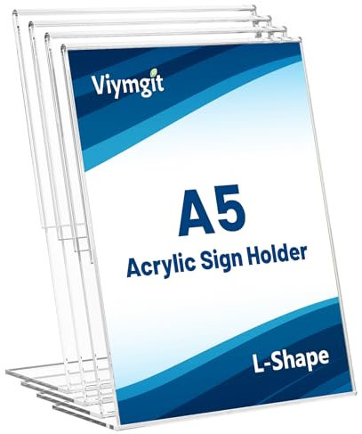 Viymgit A5 Acrylic Sign Holder, 4-Pack Clear Table Perspex Display Stand, Plastic Vertical L-Shape Menu Poster Holder for Restaurant, Office, Exhibition, Store